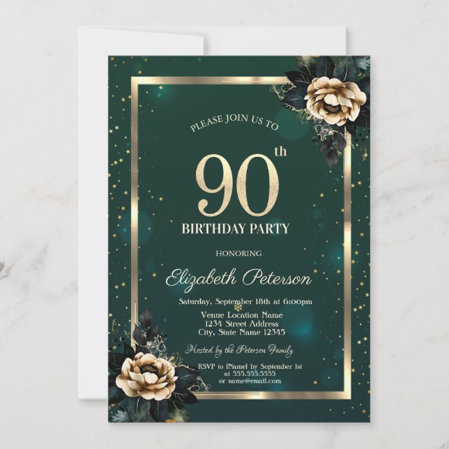 Convite Elegante Flor Dourado Quadro Estrelas Verde 90º (Frente)
