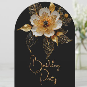 Convite Elegante Flor Laranja Dourado Preto de Aniversário