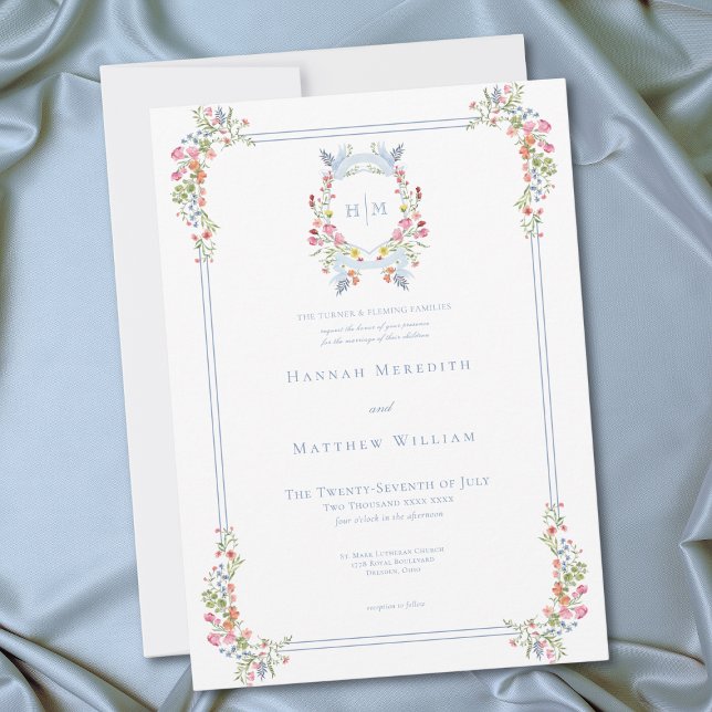Convite Elegante Flor Silvestre em Tom Pastel Azul Crista  (Elegant Blue Pastel Wildflower Regal Crest Wedding Invitation)