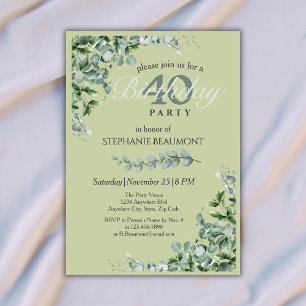 Convite Elegante Flor Verde Pastel Aniversário de 40 anos 
