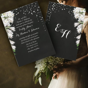 Convite Elegante Flora Branca em Preto Casamento