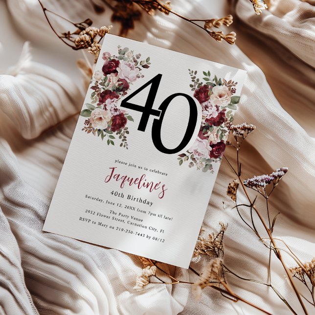 Convite Elegante Floral 40º Aniversário (Criador carregado)
