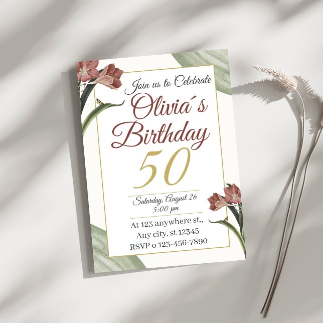 Convite Elegante Floral 50º – Flor de Ouro e Bege (Criador carregado)
