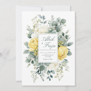 Convite Elegante Floral Amarela Branca Eucalipto Aquarela