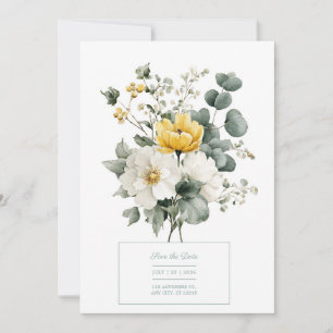 Convite Elegante Floral Amarelo Branco Eucalipto Aquarela