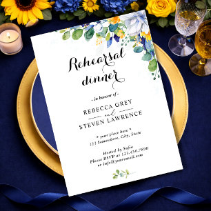 Convite Elegante floral amarelo e azul casamento em aquare
