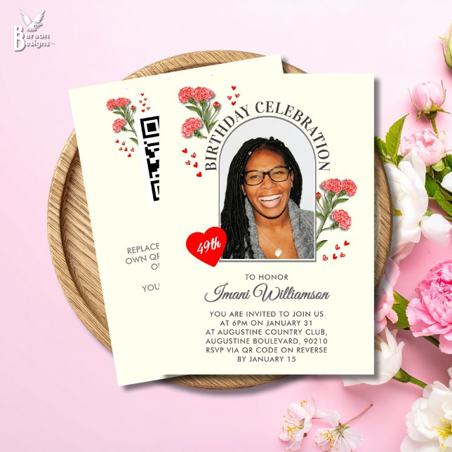 Convite Elegante Floral ANIVERSÁRIO de QUALQUER IDADE Foto (JANUARY Birth Month Flower Birthday Any Age Invitation with QR code.)