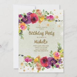 Convite Elegante Floral Aniversário Glitter Roxo Dourado