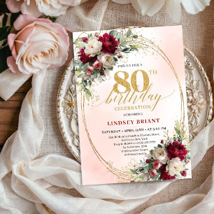Convite Elegante Floral Aquarela 80º Aniversário Dourado 