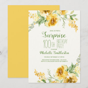 Convite Elegante Floral Aquarela Amarela 100º Aniversário