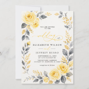 Convite Elegante Floral Aquarela Amarelo Cinza Casamento