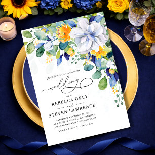 Convite Elegante floral aquarela azul e amarelo para casam