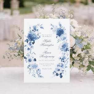 Convite Elegante Floral Aquarela Azul Empoeirado Casamento