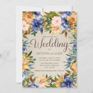 Convite Elegante Floral Aquarela Azul Laranja. Casamento
