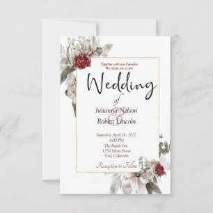 Convite Elegante floral aquarela em vermelho e névoa para
