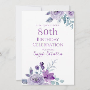 Convite Elegante Floral Aquarela para 80º Aniversário