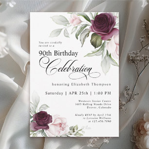 Convite Elegante Floral Aquarela para 90º Aniversário