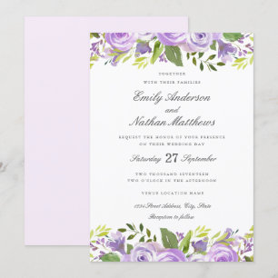 Convite Elegante Floral Aquarela Roxo Casamento