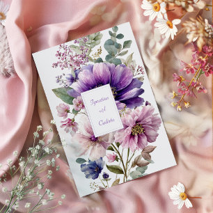 Convite Elegante Floral Aquarela Roxo Rosa Azul