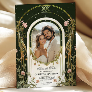 Convite Elegante Floral Art Nouveau Salve a Foto da Data