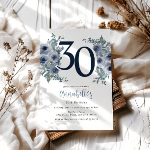 Convite Elegante Floral Azul Aniversário de 30 anos
