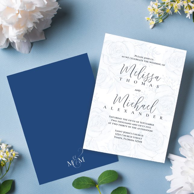 Convite Elegante Floral Azul Caligrafia Script Rosa (Elegant wedding invitation with blue calligraphy script and block lettering. )