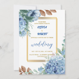Convite Elegante floral azul com moldura dourada