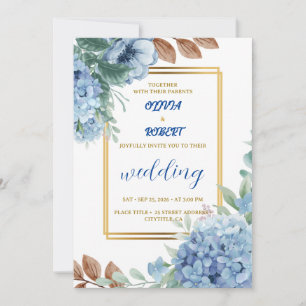 Convite Elegante floral azul com moldura dourada