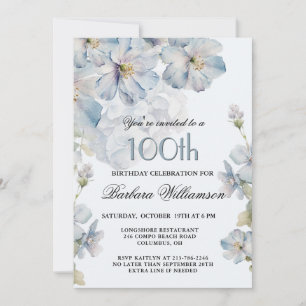 Convite Elegante Floral Azul em Aquarela para 100º Anivers