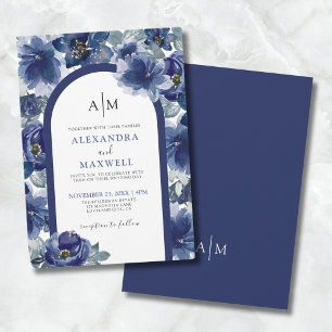Convite Elegante Floral Azul Marinho em Aquarela para Casa