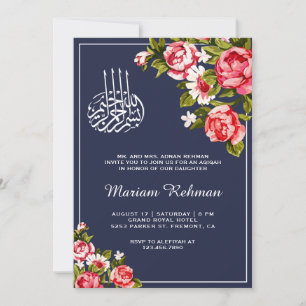 Convite Elegante Floral Azul Meia-Noite Bebê Menina Aqiqah