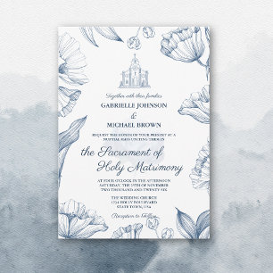 Convite Elegante Floral Azul Missa Nupcial de Casamento na