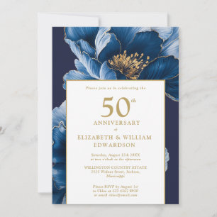 Convite Elegante Floral Azul Moderno 50º Aniversário