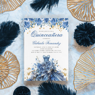Convite Elegante Floral Azul Quinceanera