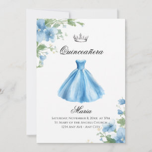 Convite Elegante Floral Azul Quinceañera Aquarela