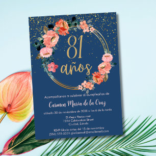 Convite Elegante Floral Azul Rosa Espanhol Aniversário de 