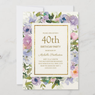 Convite Elegante Floral Azul Roxo Dourado 40º Aniversário