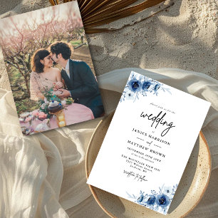 Convite Elegante Floral Azul Vintage Francês Foto Casament