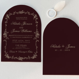 Convite Elegante Floral Bege Borgonha Arqueado Retro Casam
