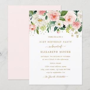 Convite Elegante Floral Bege Dourado Aniversário de 21 Ano