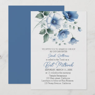 Convite Elegante Floral Blue Girl Bat Mitzvah