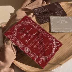 Convite Elegante Floral Boêmio Botânico Casamento Borgonha