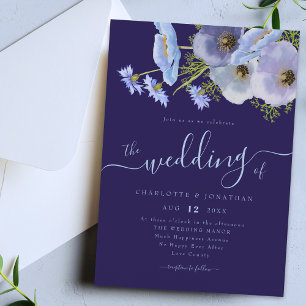 Convite Elegante Floral Boho Aquarela Casamento Azul Marin