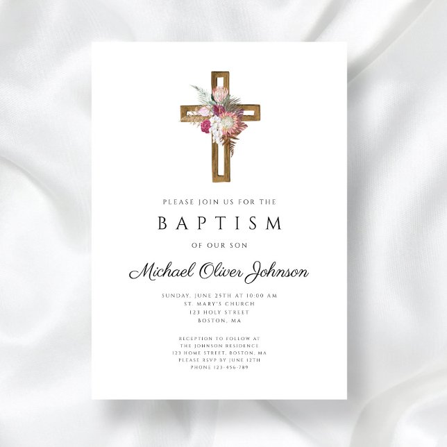 Convite Elegante Floral Boho Cruz Batismo  (Elegant Floral Boho Cross Baptism Invitation)