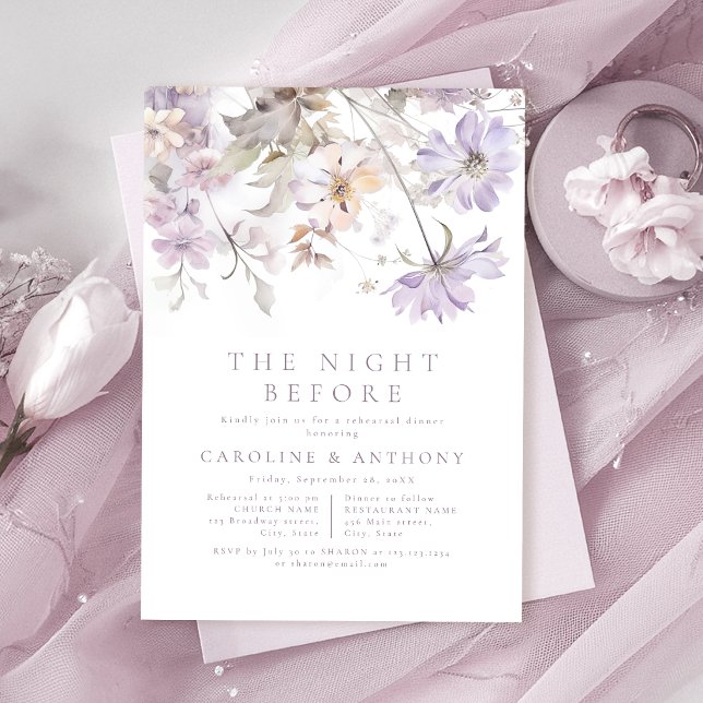 Convite Elegante Floral Boho Roxo A Noite Anterior (Purple Elegant Floral Boho The Night Before Invitation)
