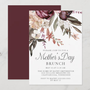 Convite Elegante Floral Boho Vintage Burgundy Dia das Mães
