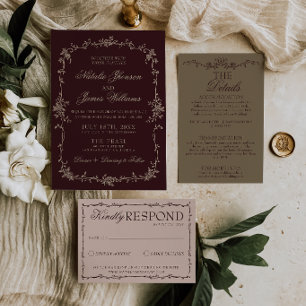 Convite Elegante Floral Borgonha Old Money Boho Chic Casam