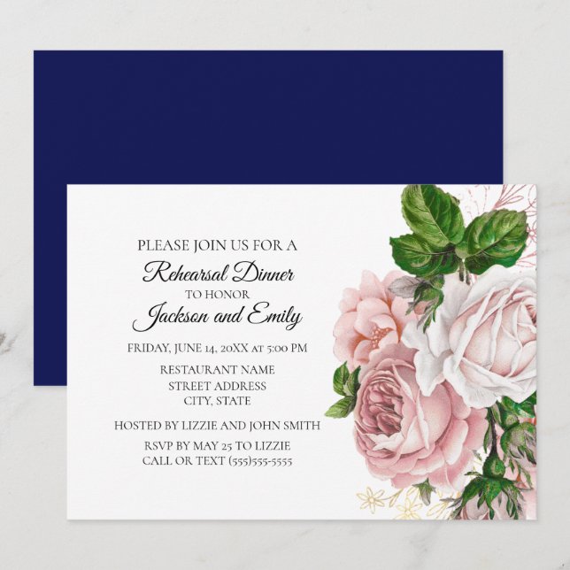 Convite Elegante floral botânica rosa azul marinho branco  (Frente/Verso)