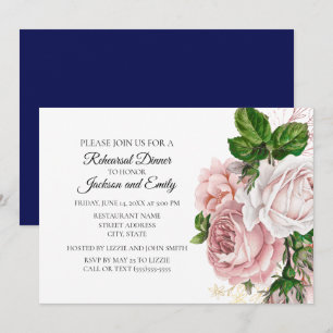 Convite Elegante floral botânica rosa azul marinho branco