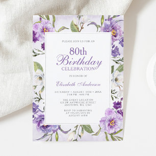 Convite Elegante Floral Botânico Roxo Aniversário de 80 an